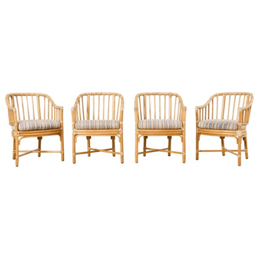 Set of Four McGuire Rattan Barrel Back Dining Chairs
