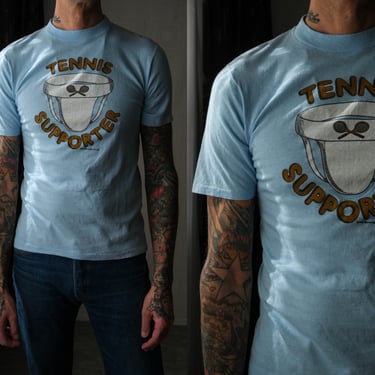 Vintage 70s Tennis Supporter Light Blue Single Stitch Tee Shirt | Made in USA | 100% Cotton | 1970s Hi Cru Stedman Funny Comedy Sports Tee 