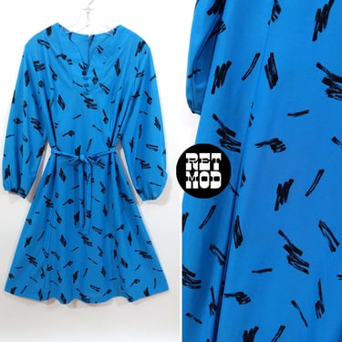 Unique Vintage 70s 80s Turquoise Blue & Black Scribbles Day Dress 