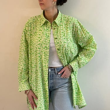 70s Lilly Pulitzer over shirt blouse / vintage lime green floral cotton Lilly oversized resort wear over shirt blouse | Extra Large 