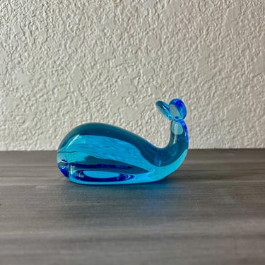 Vintage Glass Whale, Aqua Glass, vintage midcentury modern glassware, Whale paper weight, Glass whale 