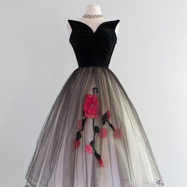 Dramatic 1950's Black Velvet Party Dress With Rose Applique / Smalll