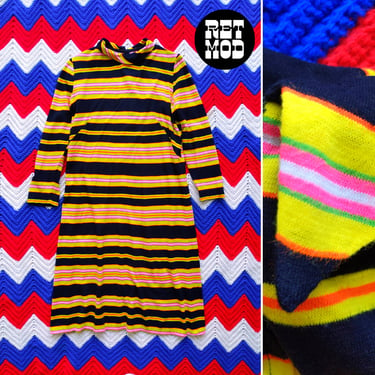 SUPER GOOD Vintage 60s 70s Black Bright Yellow Pink Stripe Mod Shift Dress 
