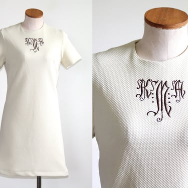 1960s Double Piqué Knit Shift Dress Monogrammed - Vintage 60s Adelaar Day Dress - Small 