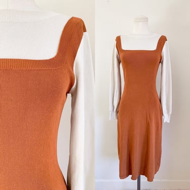Vintage 1970s Brown and Cream Sweater Dress / XS-S 