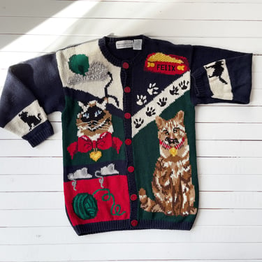 cat sweater 80s 90s The Eagle's Eye kitten novelty cottagecore intarsia embroidered cardigan 