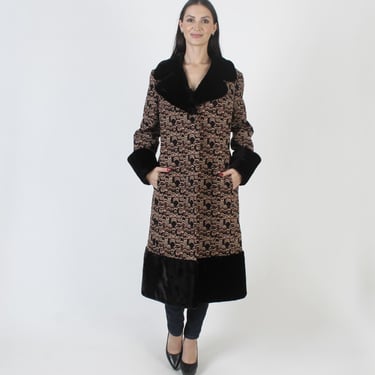 Black Faux Fur Tapestry Coat, Womens Knit Embroidered Jacket, Mid Length Goldix Overcoat, Vintage Wide Sweep 