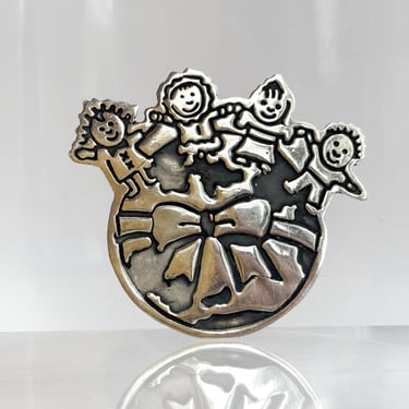 Sterling Silver "Save the Children" World Globe Mexican Made Vintage EFS Signed Large Brooch Pin 