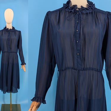 Vintage 70s Lizzy & Johnny by Lucero Sheer Secretary Dress - Seventies Medium Sheer Long Sleeve Ruffle Collar Day Dress - Dark Academia 