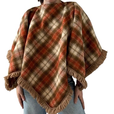 Vintage Handmade 1970s Womens Retro Wool Orange Fringe Hippie Cape Shawl 