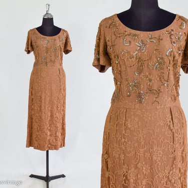 1950s Brown Lace Cocktail Dress | 50s Taupe Lace & Sequin Dress | Medium 