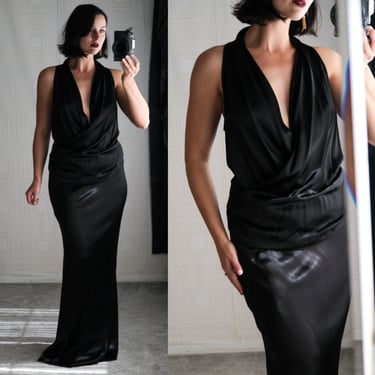 DONNA KARAN Runway Black Label Gunmetal Black Deep Plunge Maxi Set | Made in USA | Y2K 2000s Donna Karan New York Designer Two Piece Dress 