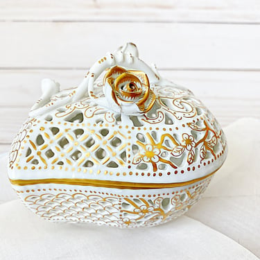 Herend porcelain trinket box, Heart shaped jewelry box, Engagement gift box, Hungarian openwork porcelain potpourri bowl 