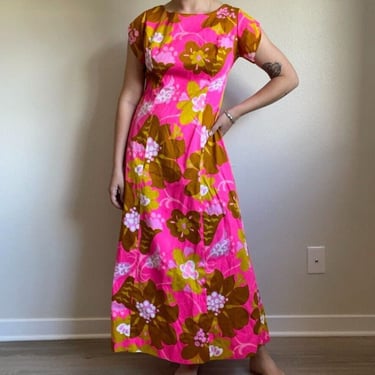 Vintage 60s 70s Pink Hawaiian Tropical Retro Maxi Long Floral Mod Dress Sz M 