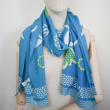 1980s Turquoise and Green Floral Silk Scarf 