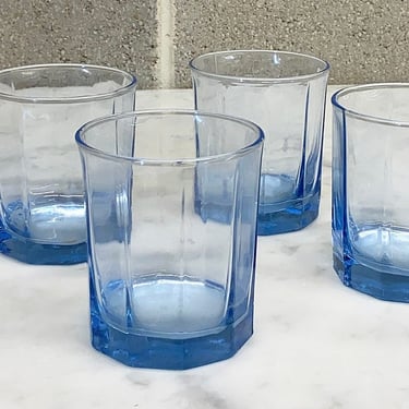 Vintage Water Glasses Retro 1980s Contemporary + Clear Blue Glass + Decagon Shape + Anchor Hocking + Set of 4 Matching + Kitchen and Barware 