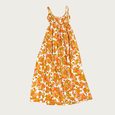 (S) 70s Orange Floral Empire Waist Maxi Dress