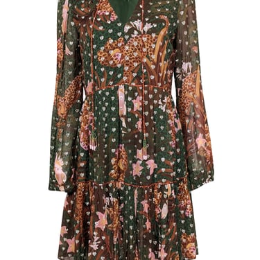 Farm - Green, Tan, & Peach Jungle Print Mini Dress w/ Metallic Hearts Sz M