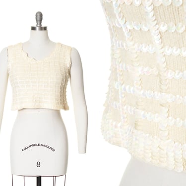 Vintage 1960s Crop Top | 60s Sequin Knit Wool Sweater Cream Sleeveless Party Cocktail Blouse (small/medium) 