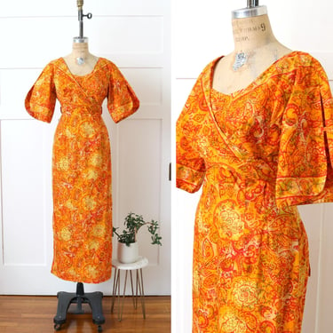 vintage 1960s Hawaiian dress • orange & red full length cotton tiki dress with wrap front bust 