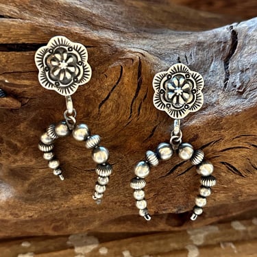 SILVER BEADED NAJAS Statement Earrings, Sterling Silver | Handcrafted Navajo Jewelry | Native American Made | Stamped Flower Dangle Earrings 