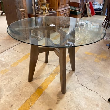 Round Glass Table with Wooden Base