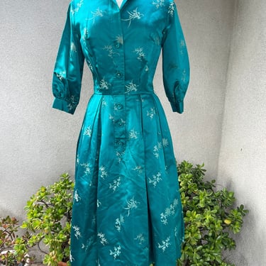 Vintage retro 60s silk brocade custom made dress teal blue size S/M 