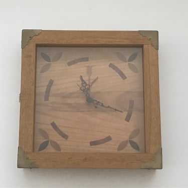 Wood Inlay Boxed Mission Style Clock Brass Corner Detail 