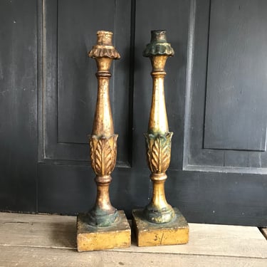 19th C French Gilded Candlesticks, Carved Wood, Antique, Architectural, Classic, Pair 