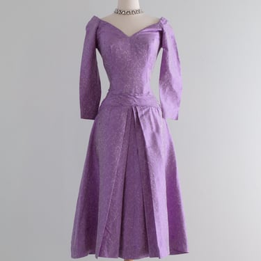 Vintage 1950's Couture Cocktail Dress in Violet Silk Brocade / Small
