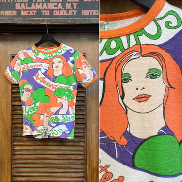 Vintage 1960’s Fashion Women Cartoon Pop Art Travel Print T Shirt, 60’s Mod Pop Art Shirt, Vintage Travel Tee Shirt, Vintage Clothing 