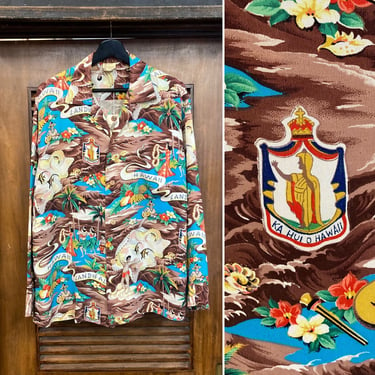 Vintage 1950’s “Hale Hawaii” Land of Aloha Print Long Sleeve Crepe Hawaiian Shirt, 50’s Tropical Shirt, Vintage Clothing 