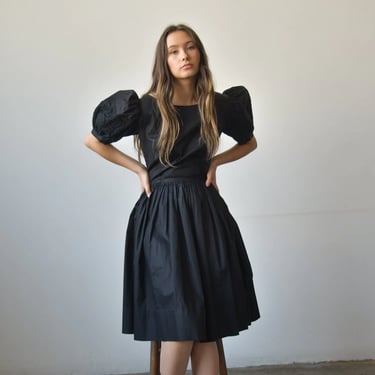 3054d / 1960s black cotton puff sleeve dress 
