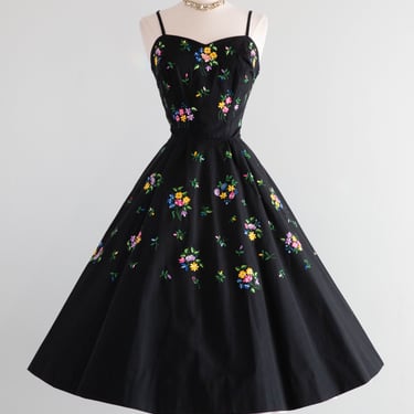 Marvelous 1950's Embroidered Cotton Spring Party Dress From Italy / SM