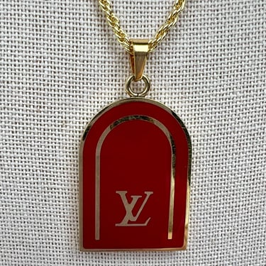 Canela Vintage Louis Vuitton Enamel Tan LV Initial Double Sided Necklace