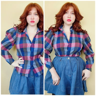 1980s Vintage Blue and Red Puffed Sleeve Blouse / 80s Jabot Neck Plaid Prairie Shirt / Size Large - XL 