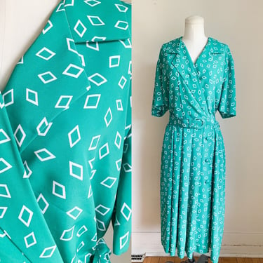 Vintage 1980s Emerald Green and White Diamond Print Day Dress / XXL 