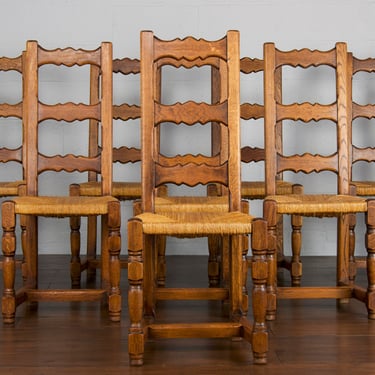 Late 19th-Century Country French Farmhouse Ladder Back Oak Rush Dining Chairs - Set of 8 