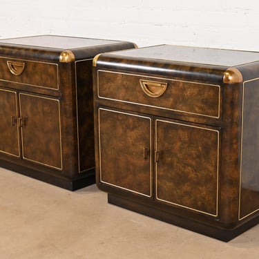 Bernhard Rohne for Mastercraft Hollywood Regency Campaign Burl Wood and Brass Nightstands, Pair