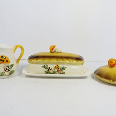 Vintage Merry Mushroom Sears Roebuck and Co. Creamer, Butter Dish, Canister Replacement Lid 