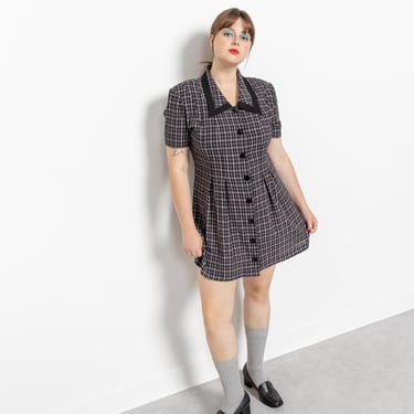 CHECKERED COLLARED DRESS Vintage Mini Flowy Rayon Short Sleeves 90's Preppy Babydoll / Large Extra Large Xl 