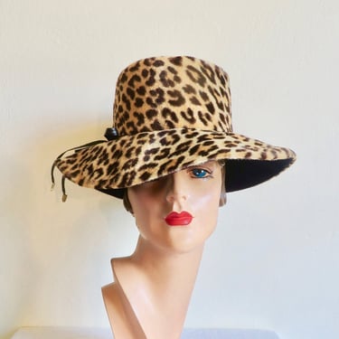 1970's Faux Leopard Fur Wide Brim Bucket Hat High Crown Moveable Brim Bow Trim 70's Millinery Hats Mod Hippie Boho Neusteters Denver 