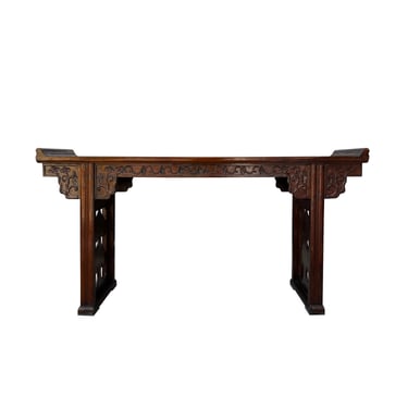 Chinese Brown Elm Wood Point Edge Relief Carving Altar Table cs7655E 