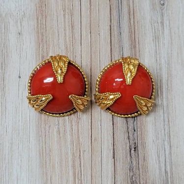 Vintage Dominique Aurientis Earrings in Goldtone with Large Orange Red Cabochon - French Costume Jewelry 