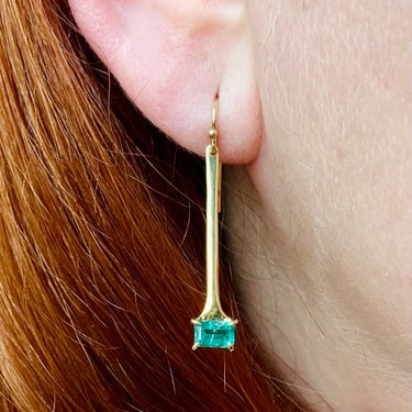 Vintage 18K 750 Yellow Gold Emerald Drop Earrings, Modernist Minimalist 2.7g 