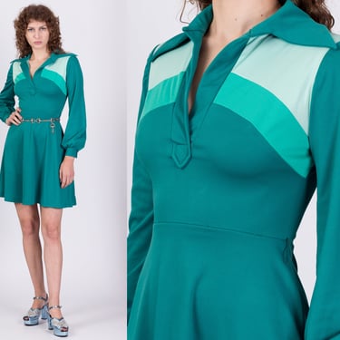 70s Teal Green Mini Disco Dress - Extra Small | Vintage Color Block Long Sleeve Pointed Collar Dress 