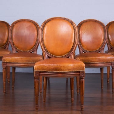 Antique French Louis XVI Maple Dining Chairs W/ Original Brown Leather - Set of 6 