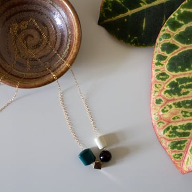 Geometric Green Ceramic and Brass Necklace 