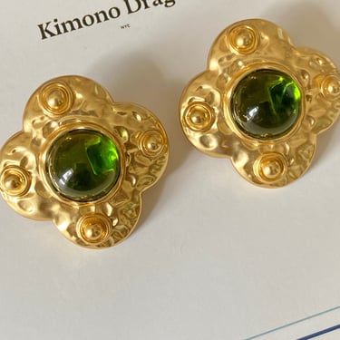 French Designer Macaron Poured Green Glass & Gold Statement Earrings