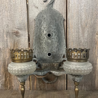 Vintage Early 20th Century Hammered Iron 2 Light Wall Sconce 12.5” X 9”